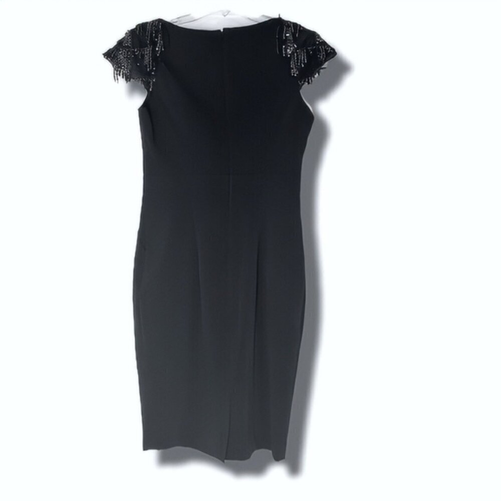 Mohito Black Cap Sleeve Mid Length Cocktail Lined Dress Sequin Shoulder Tassles